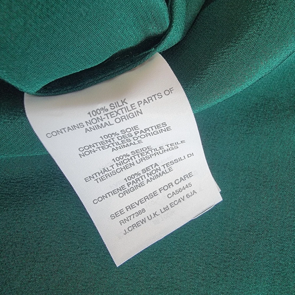 J Crew 100% Silk Emerald Green Blouse 00 XXS V Neck Long Sleeve Holiday Career